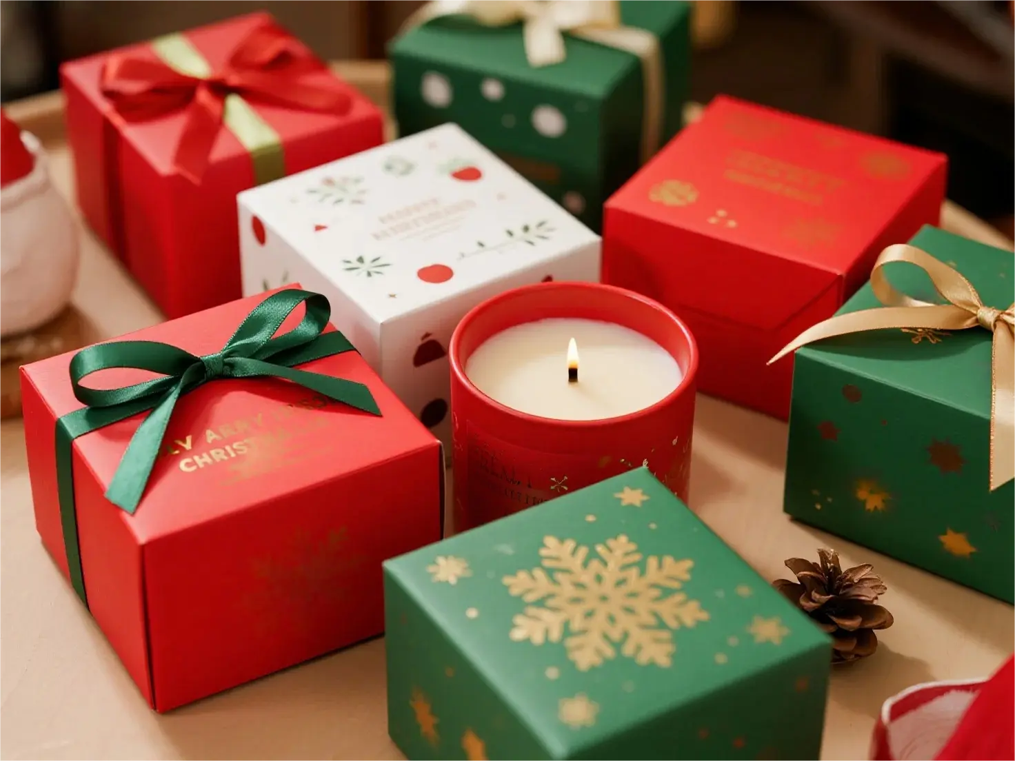 Christmas themed custom candle boxes in festive red, green, and gold colors Christmas themed custom candle boxes in festive red, green, and gold colors