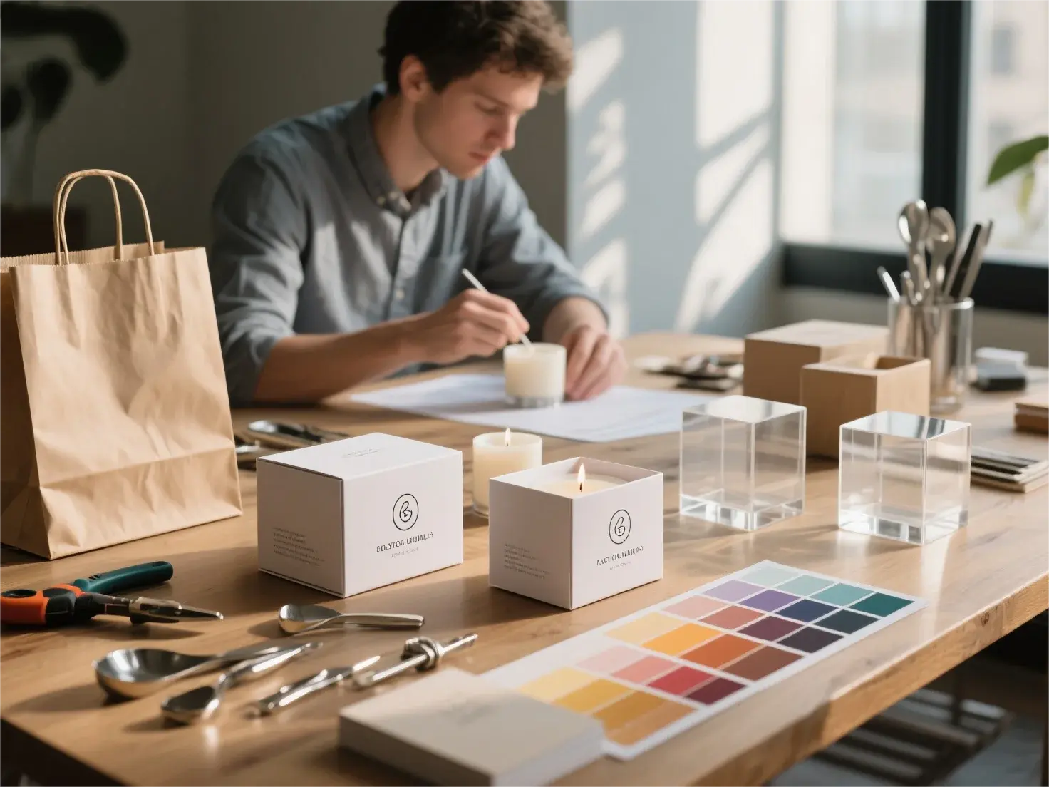 Designers working on custom candle box mockups and color palettes Designers working on custom candle box mockups and color palettes