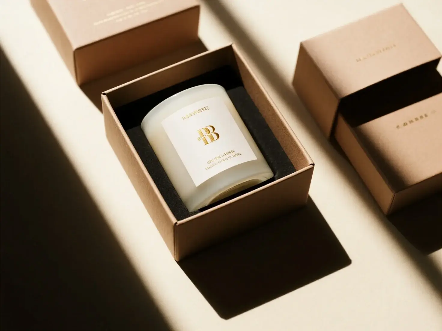 Luxury custom candle boxes with gold foil stamping on a marble table Luxury custom candle boxes with gold foil stamping on a marble table